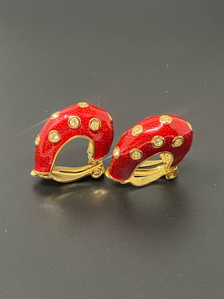 Vintage Nina Ricci Red Enamel Rhinestone Clip-On Earrings Gold Tone Signed